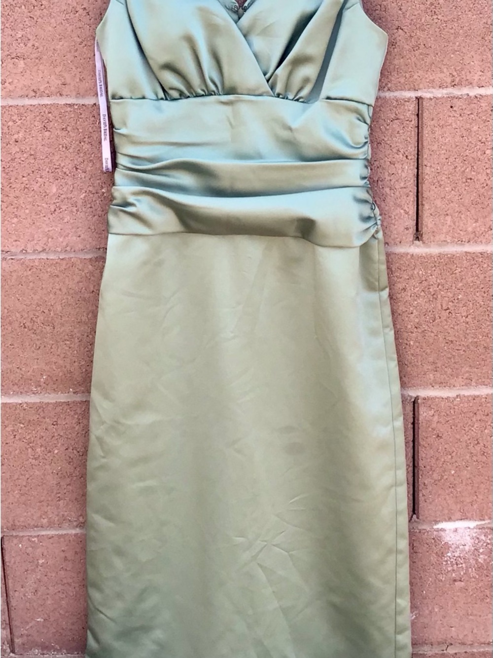 David's Bridal Olive Green Satin Midi Dress